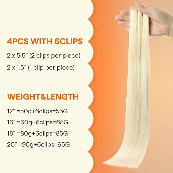 Full Shine Blonde Seamless Hair Extensions Clip Ins, Color 1000 Blonde Seamless Clip in Hair Extensions Human Hair, PU Weft Invisible Straight Remy Hair Add Volume&Coverage, 4Pcs 12 Inch 55 Grams