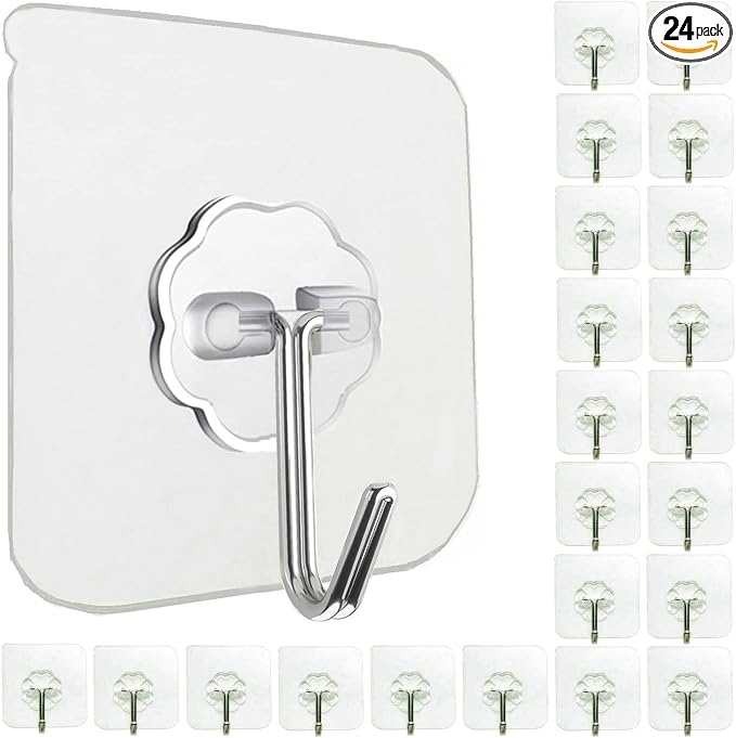 24 Pack Adhesive Wall Hooks 33LB Heavy Duty No Drill Transparent Waterproof by Jwxstore