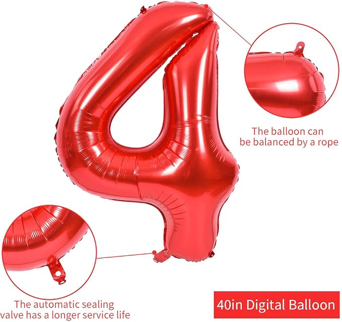 TONIFUL 40 Inch Red Number 4 Balloons Large Foil 4th Birthday Decorations | Red - Image 2