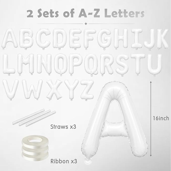 52 Pcs White Letter Balloons 16 Inch Mylar Foil Alphabet Letters 2 Sets A- Z - Image 2