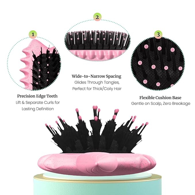 Curly Hair Brush Boar Bristles Curl Defining Brush With 2 Psc Silk Scrunchies Detangling Brush For Curly Hair Detangling Brush Styling Comb Curling Curling Brush (Pink)