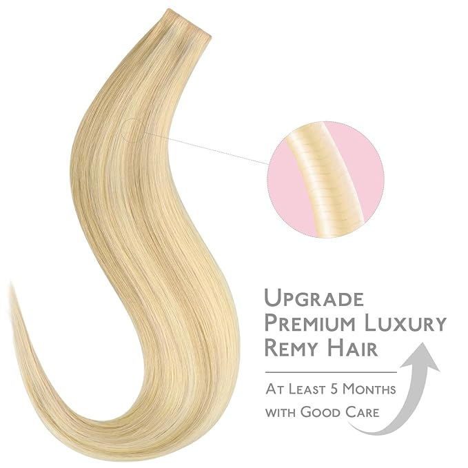 WENNALIFE Invisi Edge Tape in Hair Extensions Human Hair, 16 Inch 50g 20pcs Light Blonde Highlighted Golden Blonde Invisible Luxury Remy Hair Extensions Natural Seamless Injected Tape Ins Straight