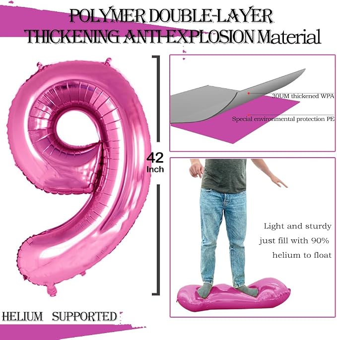 Hot Pink Foil Balloons Number 9, Huge Number Balloons - Image 3
