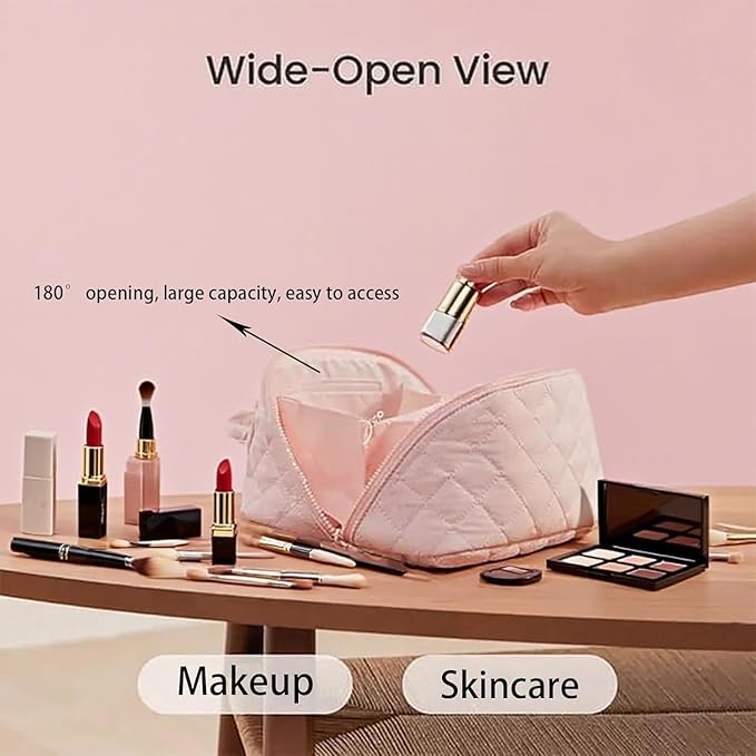 Petition Travel Makeup Bag for Woman,Festivalment Lay Flat Makeup Bag, Wide Open Water-Resistant Cosmetic Case,Puffy Padded Organizer for Toiletries & Brushes Large Capacity with Compartments (black)