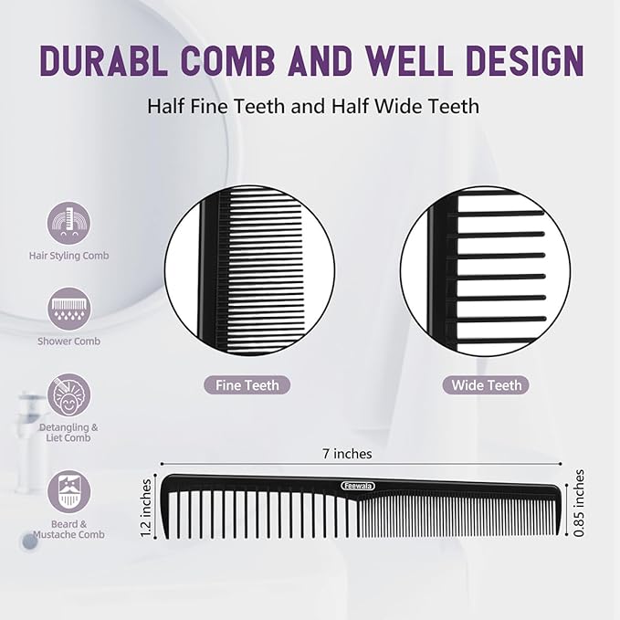 Combs Set, Classic Hair Comb, Fine and Wide Teeth, For Hairdressing, Grooming, Detangling, Sectioning, Teasing, For Women and Men, 7 Inches, 4 Colors and 8 Pieces