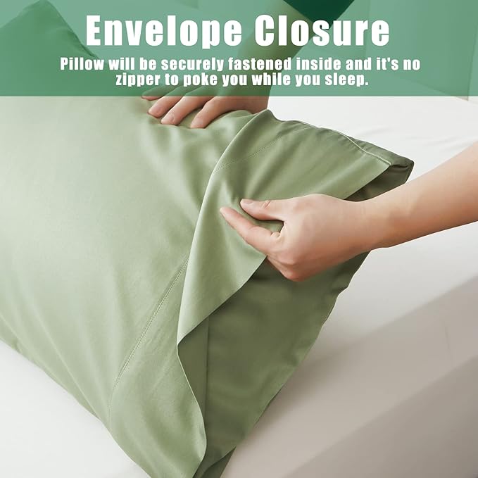 TELUS Green Pillow Cases Standard Size 2 Pack, Bamboo Rayon Cooling Pillowcases with Envelope Closure, Cool Breathable Pillow Cover for Hot Sleepers & Night Sweats, 20x26 inch
