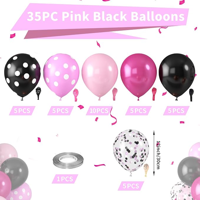 Pink and Black Balloons, Hot Pink Balloons White Dots Black White Dots Balloon - Image 2