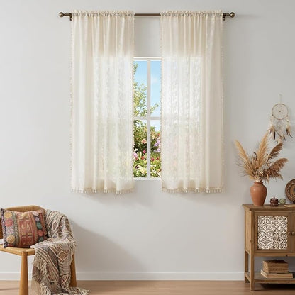 WAZZIO Boho Lace Curtains 2 Panels 54 Inches -Cute Vintage Victorian Sheer - Image 3