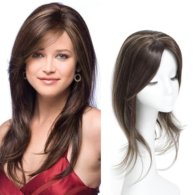 UDU Hair Toppers for Women: Synthetic Fiber, Ash Brown, Multi-layer, Long Straight Wavy, Clip in Wiglets with Fringe Bangs