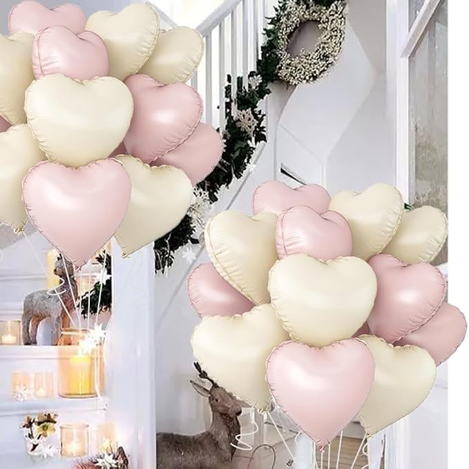 Baby Pink & Baby White Heart Balloons，18 Inch Foil Love Heart Shaped Balloons - Image 2