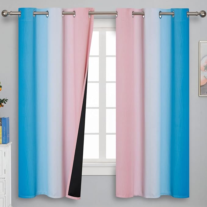 Pink and Blue Curtains 63 Inch Length 2 Panels, Ombre Total Blackout Curtains by ESTELARTEXTILER