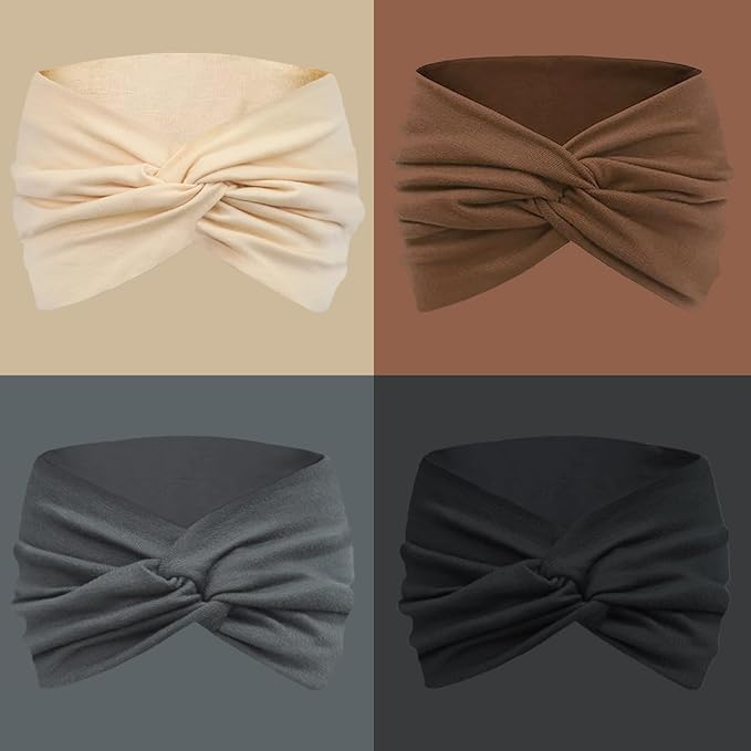 IVARYSS Extra Wide Headbands for Women Non-Slip, 7'' Large Twist Knotted Stretchy Wraps Head Bands Hair Accessories, 4 Pack, Neutral Color