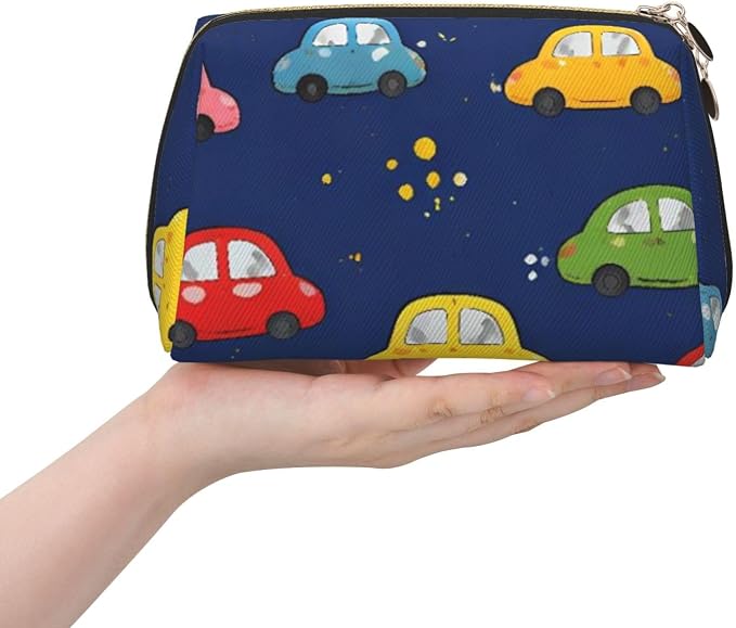 Navy Blue Drawing Car Leather Makeup Bag Cosmetic Pouch Portable Travel - Image 3