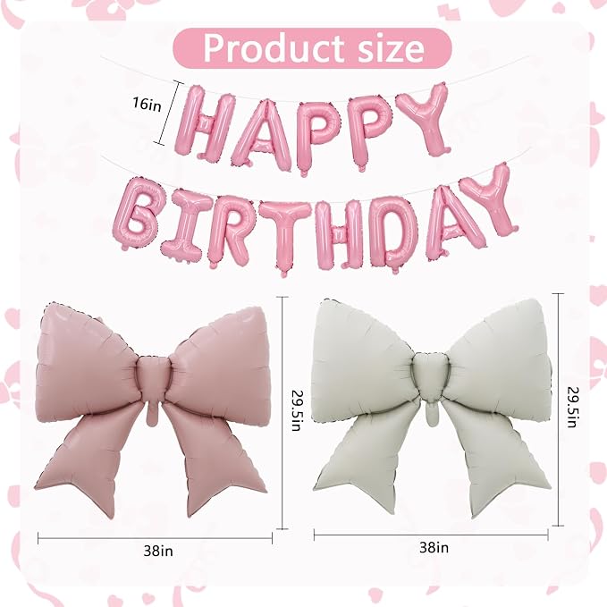 Vuzvuv Pink Happy Birthday Balloons, 38 Inches Huge Bow Aluminum Foil Balloons - Image 2
