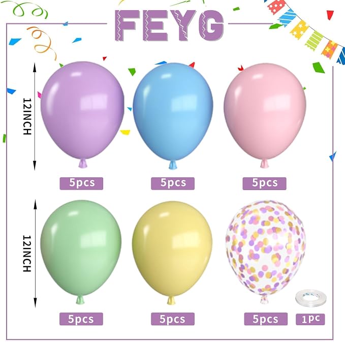 Pastel Balloons, 12 Inch Rainbow Macaron Pink Blue Purple Green Yellow Colorful - Image 3