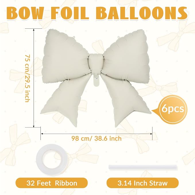 6 Pcs Beige Bow Balloons for Girls, 38 Inch Bow Foil Balloons, Bows Gender - Image 2