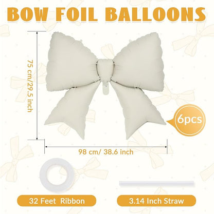 6 Pcs Beige Bow Balloons for Girls, 38 Inch Bow Foil Balloons, Bows Gender - Image 2