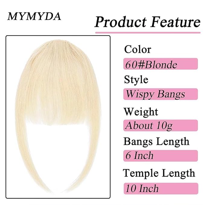 Clip in Bangs Blonde Color 100% Real Human Hair Wispy Clip on Bangs Extensions Fringe with Temples Hairpieces for Women