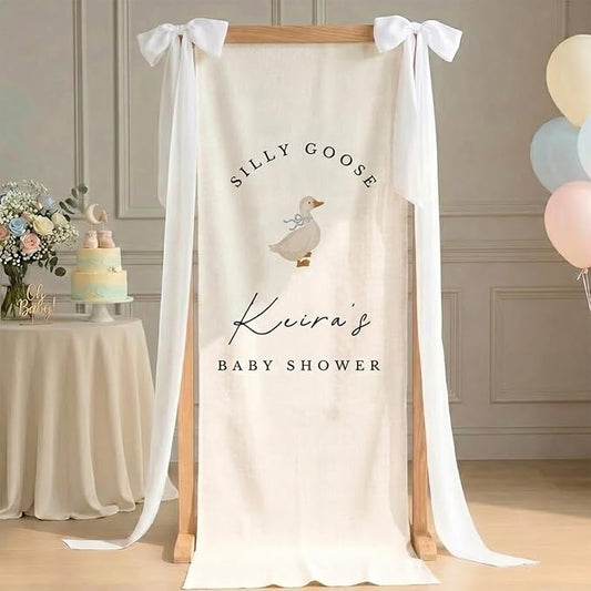 Personalized Silly Goose Baby Shower Fabric Sign Hello Baby Linen Backdrop | by Unknown