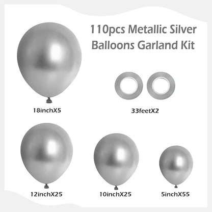 FOTIOMRG 110pcs Metallic Silver Balloon Garland Arch Kit, 18 12 10 5 inch - Image 2
