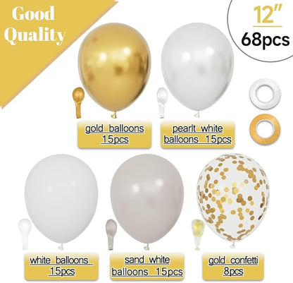 68Pcs Sand White Gold Confetti Balloons Kit 12 Inch Ballons Beige Pearl White - Image 2