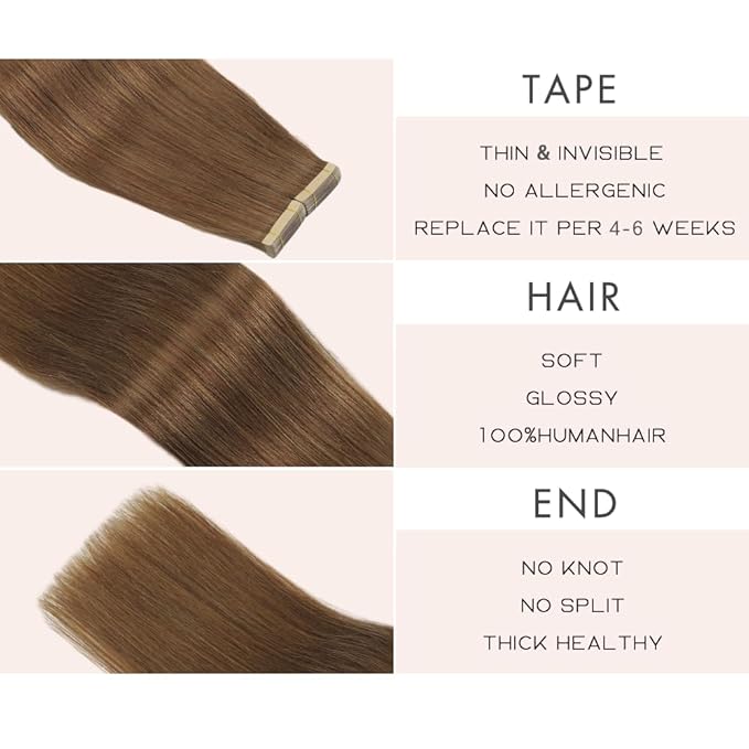 Tape in Hair Extensions Human Hair Medium Brown Remy Hair Extensions 20pcs 14 Inch Straight Invisible Human Hair Tape in Extensions Skin Weft Tape Extensions Human Hair (10#,14 Inch)