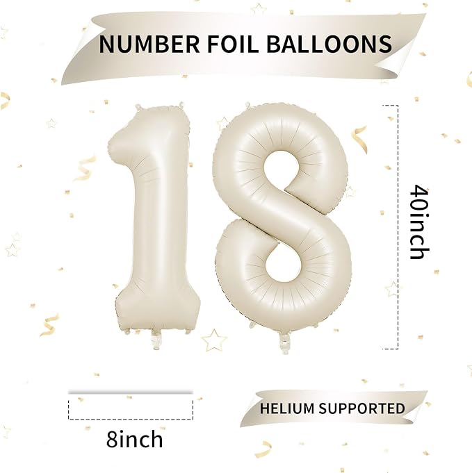 Biapian 40 Inch Cream Number 18 Balloon, 18th Birthday Balloons, Big Digital 18 - Image 2