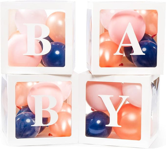 Voircoloria Baby Boxes with Letters and Navy and Rose Balloons, 4 Pack | by Voircoloria