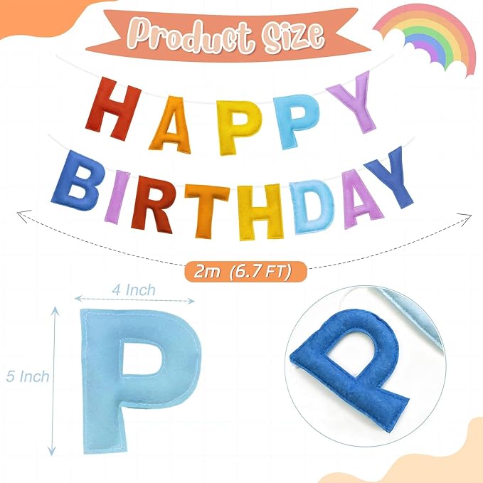 Felt Happy Birthday Banner, Pre-Strung 3D Birthday Rainbow Garland | Reusable - Image 3