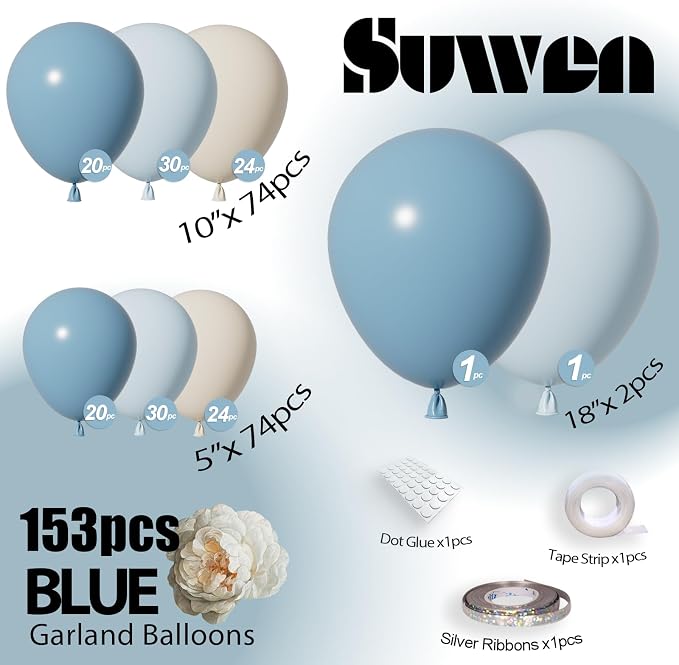 SUWEN Dusty Blue Balloons Arch Kit Garland 153Pcs 18 10 5 Inch Light Blue | - Image 2