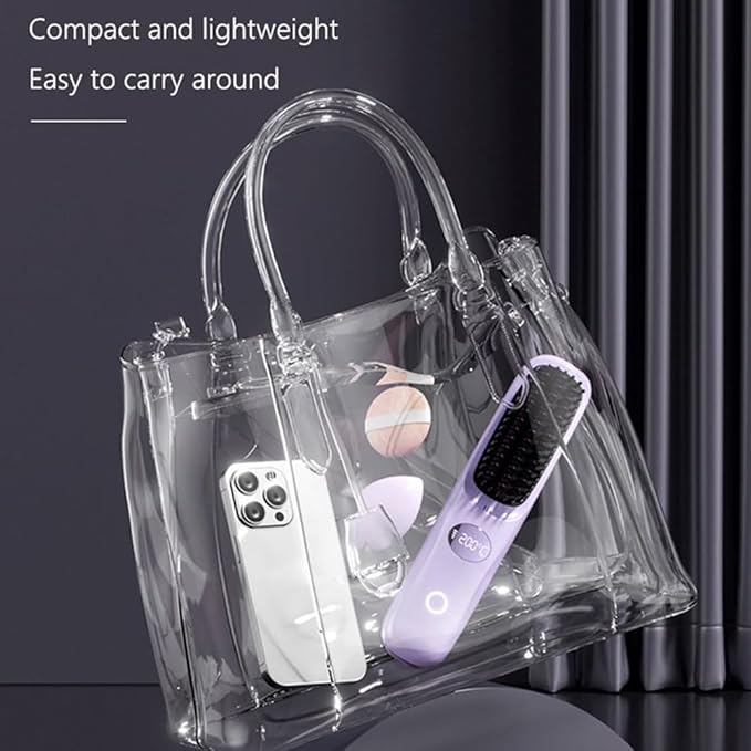 Cordless Hair Straightener Brush: Portable Rechargeable Heated Straightening Comb with LED Display & 3 Temperature Settings - Travel Hair Brush for Smooth Frizz-Free Styling (Pink)