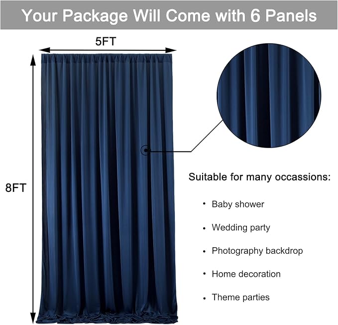 30 ft x 8 ft Navy Blue Backdrop Curtain Panels, 6 Panels 5 ft x 8 ft Wrinkle - Image 5