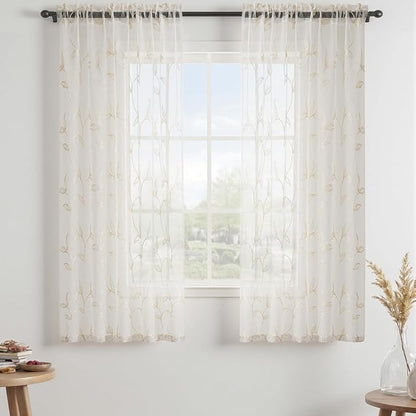 Sheer Curtains Boho Leaf Floral Embroidered Cream Beige 54Wx63L | Light - Image 2
