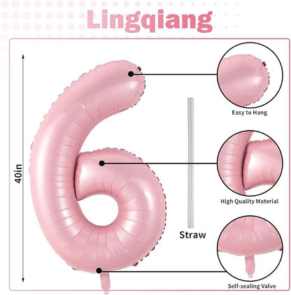 Pastel Pink Number 6 Balloons, 40 In Large Light Pink Number 6 Foil Helium - Image 2