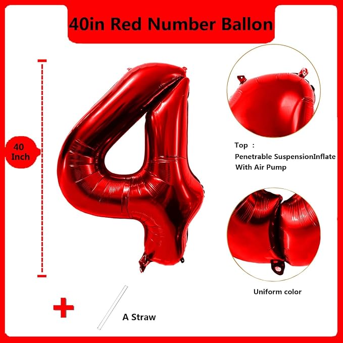 40 Inch Red Number 4 Balloon Large Red Foil Balloon Red 4 Balloons Mylar Helium - Image 2