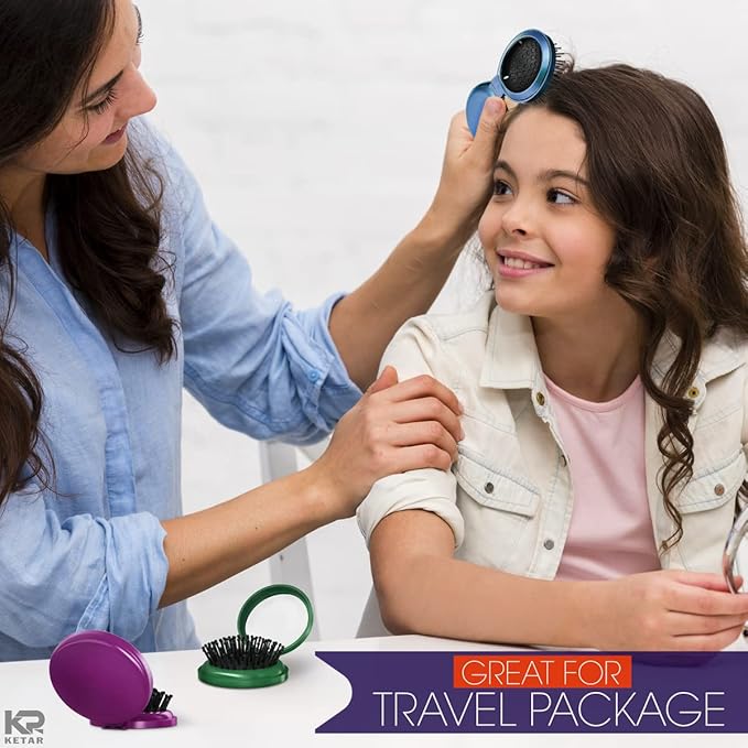 Mini Hair Brush Set of 6 - Foldable Travel Brushes for Hair in Assorted Colors – Lightweight and Portable Travel Brush for Women with Mirror for Quick Touch-Ups