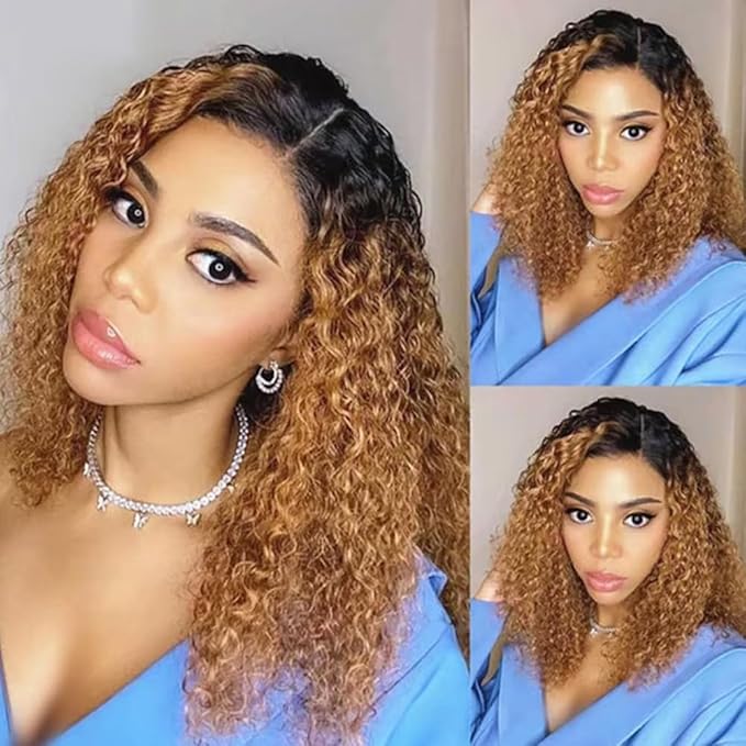 Ombre Human Hair Bundles 1B427 Kinky Curly Bundles 20 22 24 Inch Double Weft 3 Tone Brown and Honey Blonde Bundle Niegmeag Brazilian Virgin Remy Hair Extensions