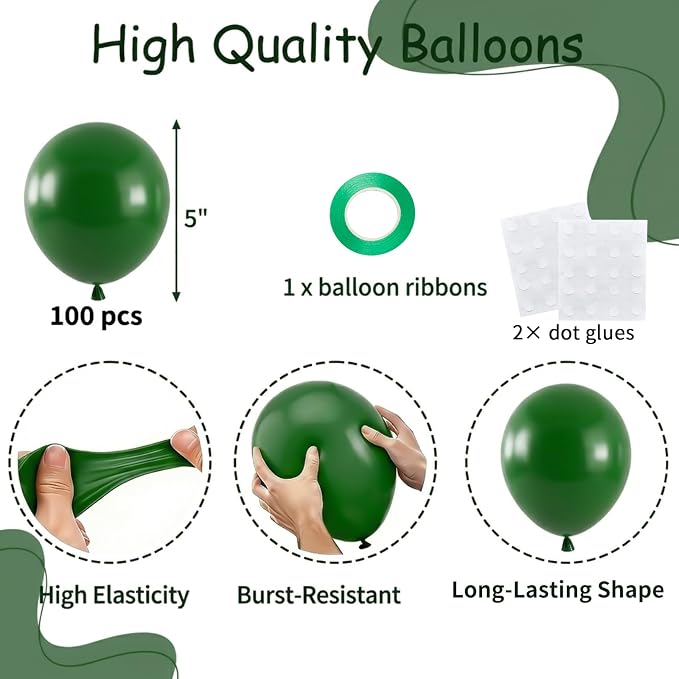 100PCS 5 Inch Small Dark Green Balloons, 5” Matte Forest Green | Mini Balloons - Image 2