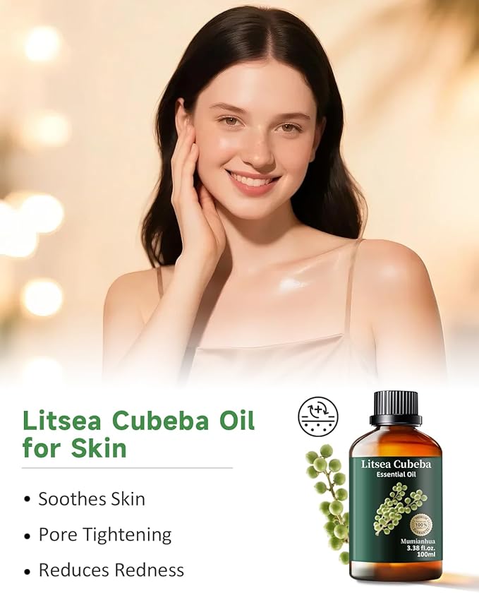 Mumianhua Litsea Cubeba Essential Oil 100% Pure Litsea Cubeba Oil Natural May Chang Essential Oil for Aroma & Diffusers, Massage, Skin Care, Hair Care, Candle & Soap Making 3.38 Fl Oz