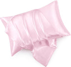 Pink Satin Pillowcase Standard Set of 2 with Envelope Closure，Pink Silk Pillowcase for Hair and Skin (20x26)