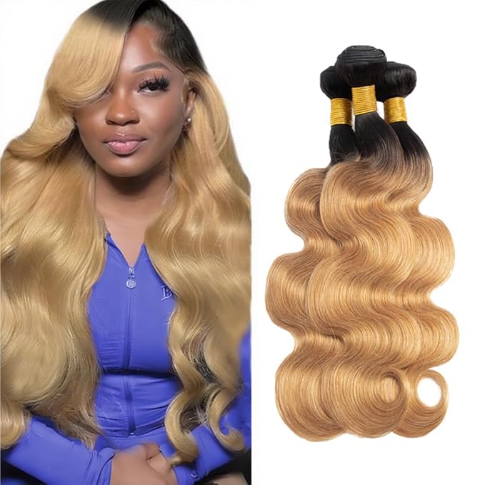 Blonde Bundles Human Hair Ombre Body Wave Bundle Niegmeag Virgin Remy Hair 3 Bundles 22 24 26 Inch Double Weft 2 Tone Black and Honey Blonde Body Wave Bundle