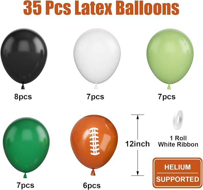 Football Balloons, 12 Inch Football Party Balloons, Dark Green and Black - Image 2