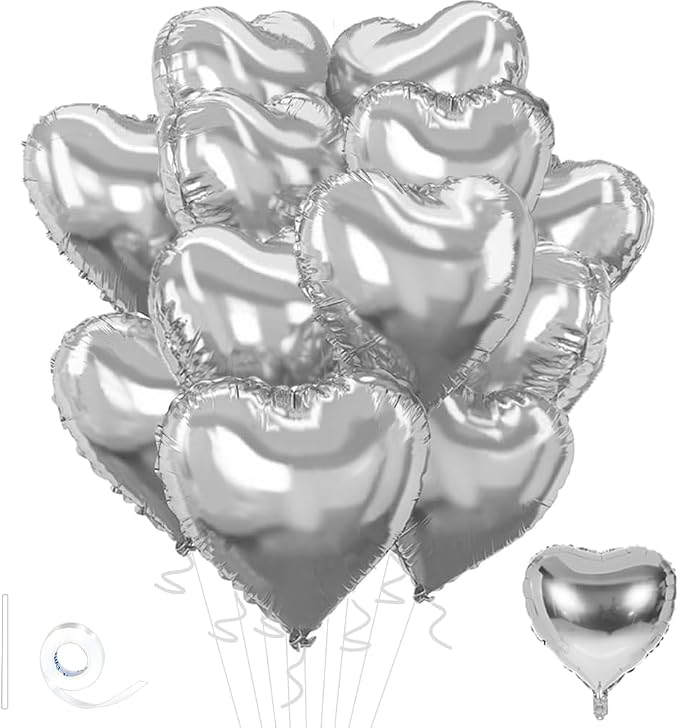Silver Heart Balloons, 18inch Bright Silver Heart Shaped Foil Balloons 12Pcs by Wuhetyo