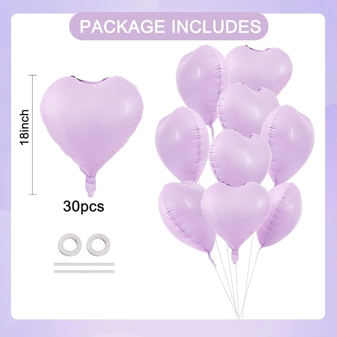TONIFUL 30 Pcs 18 Inch Matte Pastel Lilac Heart Shape Foil Mylar Balloons | - Image 2