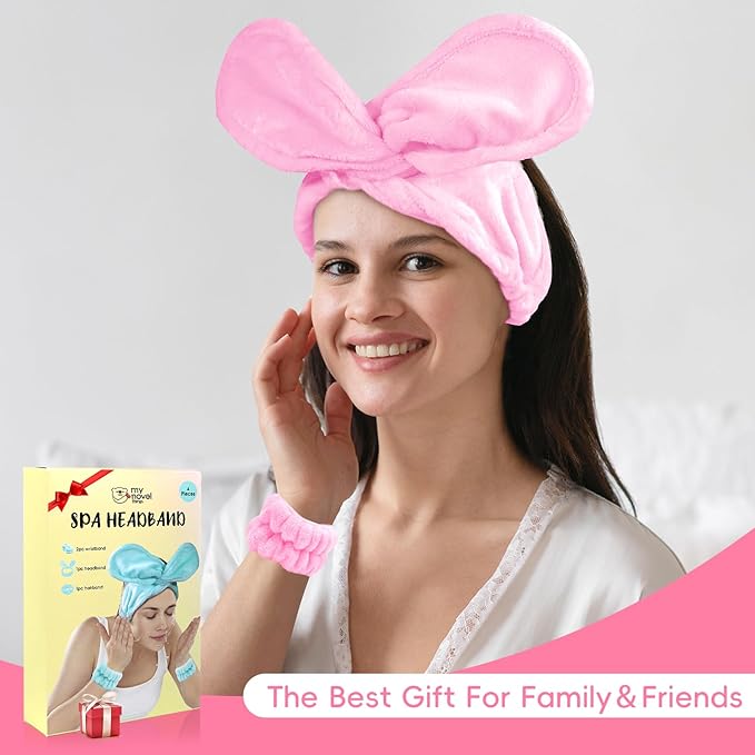 Hair Band for Washing Face, Adjustable Skincare Spa Headband and Wristband Set for Women Girl, Makeup Hair Headbands Cute Pink Versatile Fun Gift for Friend