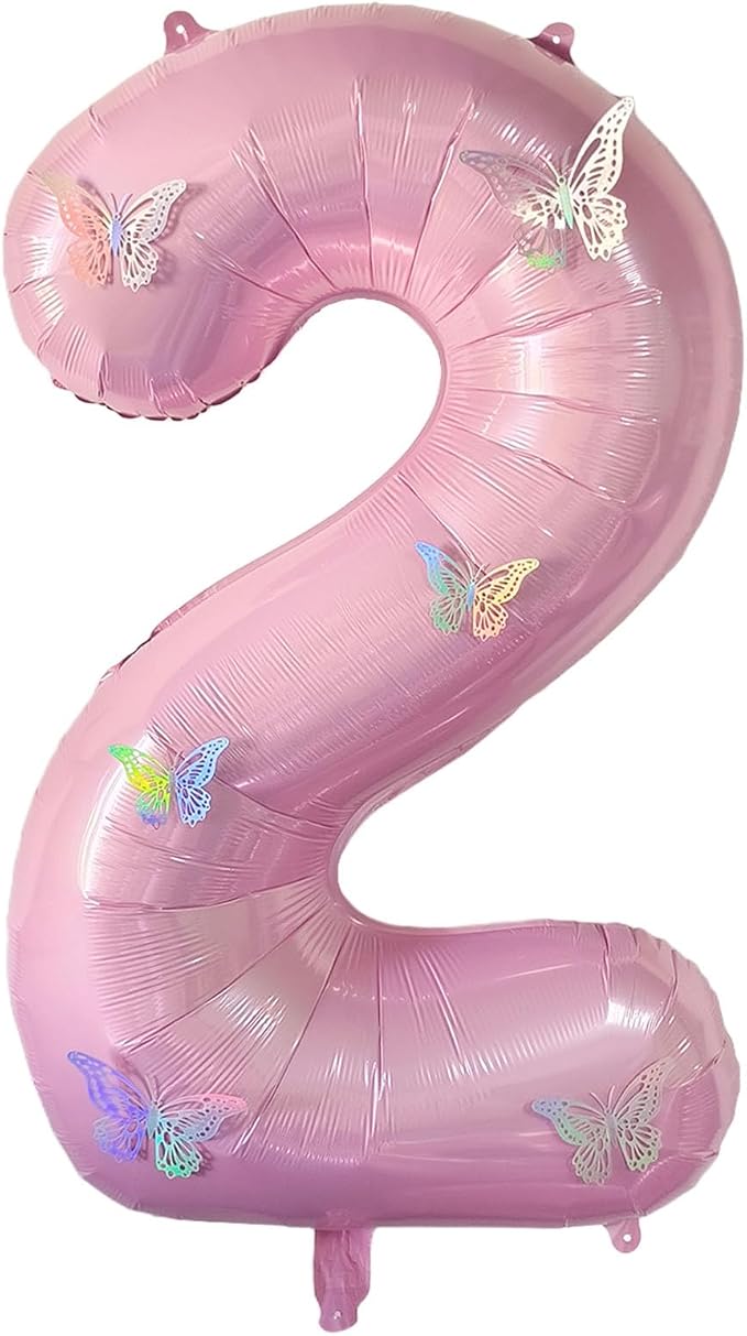 40 Inch Number Balloon Pink Large Mylar Foil Pink Number Balloons and Butterfly by GLASNES