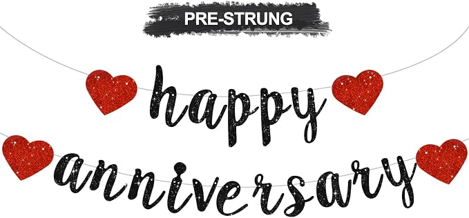 BEISHIDA Glitter Pre-Strung Black Red Happy Anniversary Banner Decoration | NO by Beishida