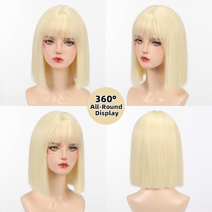 Allbell Platinum Wigs for Women Short Bob with Bangs Heat Resistant Synthetic Hair 12 inch for Daily Party Halloween Costume Use