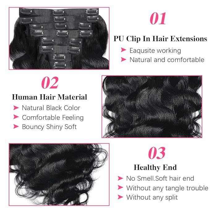 Body Wave Seamless Clip In Hair Extensions Real Human Hair Clip Ins 100% Unprocessed Human Hair Extensions 8pcs with 18Clips Per Set 120g(24inch,Natural Black)