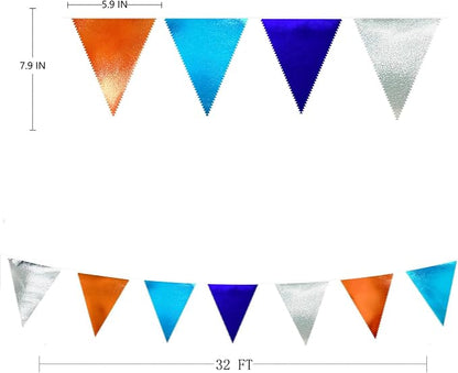Orange Blue Silver Party Decorations Metallic Fabric Triangle Pennant Banner - Image 2
